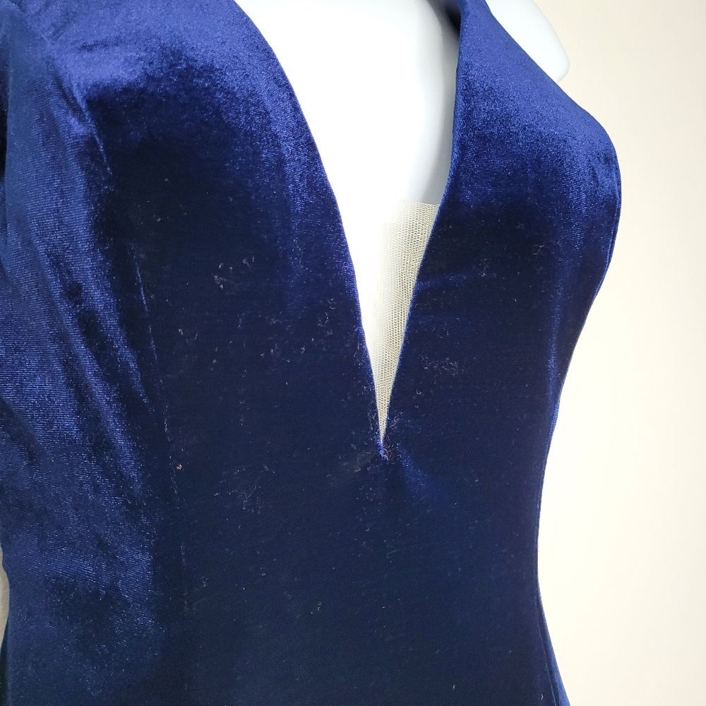 Y2k navy blue elegant velvet cross strap back slit deep v prom special occasion - Picture 3 of 6